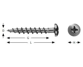 Gipsskrue 4,8 x 22 mm med panhoved og PH2 kærv, vist med dimensioner D, G, L og H.