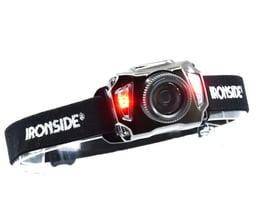 Ironside genopladelig hybridpandelampe med sensor og 630 lm set forfra med rødt sidelys tændt.