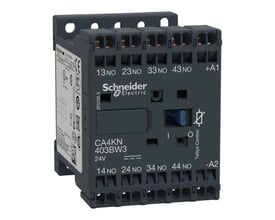 Schneider Electric CA4KN 24VDC hjælperelæ med 4NO kontakter og TeSys Control, vist med mørkegrå kabinet.