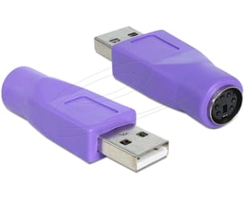 Lilla DeLock-adapter med USB Type-A-hanstik og PS/2-hunstik, vist fra begge ender.
