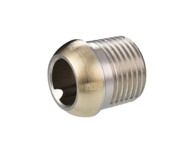 Detaljeret vinkel af Danfoss nippel 013L0443, viser 3/8" R gevind og den forniklede overflade.