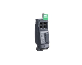Schneider Electric MX spole til fjernudkobling, mærket 480V, med terminaler C1 og C2, isoleret plastkabinet i mørkegrå.