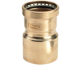 Viega Seapress reduktion 76,1 x 42 mm i messingfarvet CuNi10Fe1,6Mn, ideel til havvand og skibsbyggeri.