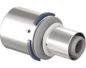 Tættere vinkel på Uponor S-Press reduktion 63-50mm, fremhæver PPSU materialets holdbarhed og presmekanismen.