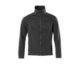 Mascot sort softshelljakke i størrelse 2XL med høj krave og lynlåslommer foran og på brystet.