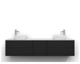 Svedbergs Epos underskab i sort ask, 199x45 cm, med plan front og 2+1+2 skuffer, vist under to håndvaske.