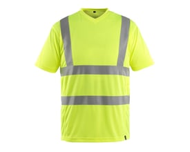 Hi-vis gul Mascot Espinosa T-shirt i størrelse 2XL med V-hals, reflekser og net under ærmerne.