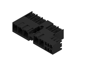 Sort Weidmüller-hybridkonnektor til printmontering med 5 poler, 7,62 mm afstand og 90° vinkel, set skråt.