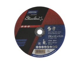 Norton Starline skæreskive til metal med dimensionerne 230x2,0 mm og en huldiameter på 22,23 mm, velegnet til stål og rustfrit stål.