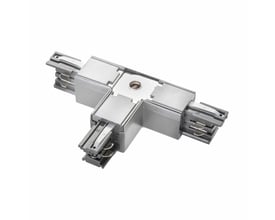 SpectrumLED 3-faset SPS-2 T-T2-samler til skinnesystem ses skråt ovenfra med tre sølvfarvede tilslutningsarme.