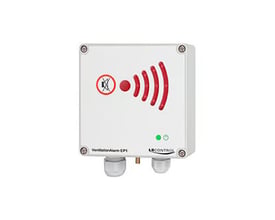 Scantool trykvagt med advarselslys og alarm, model VentilationAlarm EP1, hvid IP22 kapsling med grønne lysindikatorer.