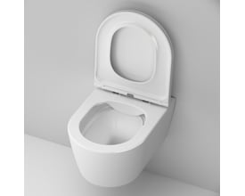 AM.PM Func væghængt toilet i hvid porcelæn med åbent sæde og låg, der viser den rengøringsvenlige, kantløse kumme.
