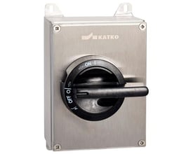 Katko reparationsafbryder EMC, 3POL+H, 25A, IP69, med drejehåndtag og synlige ON/OFF markeringer på rustfri stålkapsling.