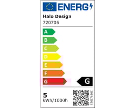 Energimærkat for Halo Design Aero spot 720705, viser energiklasse G og et forbrug på 5 kWh/1000h.