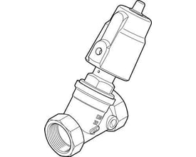 Festo skråsædeventil VZXF-L-M22C med pneumatisk aktivering og blød tætning, vist som en teknisk tegning på hvid baggrund.