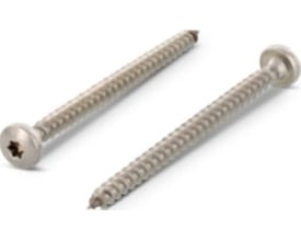 4,5 x 20 mm spånpladeskrue i A4 rustfrit stål med panhoved og TX20-drev, vist fra to vinkler.