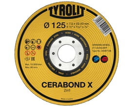 Tyrolit CERABOND X 2-i-1 skrubskive, visende dimensioner 125x7x22,23 mm og anvendelsesområder for stål.