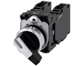 Siemens 22mm omskifter i ru metal med højglans hvid knap, låsefunktion og 1NO kontakt, monteret på sort baggrund.