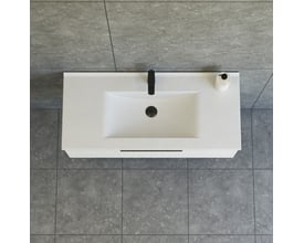 Top view af Dansani Mido+ Classic møbelpakke med stribet hvid front, hvid Amber vask og sort armatur.