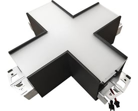 Opple Lima X-CONNECTION-G2-BL X-forbindelse set skråt oppefra med lys metalflade, mørke kanter og monteringsbeslag.