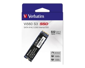 Emballagen til Verbatim Vi560 S3 M.2 SSD med 512 GB viser SSD'en og dens SATA III-specifikationer.