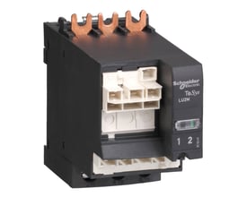 Schneider Electric TeSys U reverser modul LU2M, 48-72DC/48AC, med kobberterminaler og hvid koblingsblok. Produktet har tydelig mærkning med mærke og model.