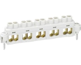 Spelsberg 5-polet klemrække KLS til 10 mm² ledninger med skrueterminaler i hvid plast og messing kontakter.