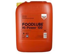 Rocol Foodlube Hi-Power 100 højtydende smørefedt i 20 liters orange dunk med gul prop, med tydelige NSF og Halal mærkater.