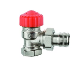 IMI Calypso F-exact vinkel termostatventil DN10 for 2-strengs anlæg, vist isoleret med hvid baggrund.