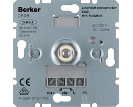 RAV11.1 rum temperatur regulator fra Siemens med drejepotentiometer og DALI-interface, viser terminaler og specifikationer.
