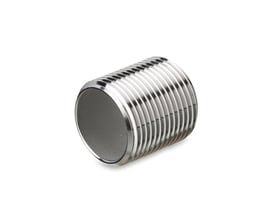Nippelrør 4404/316L i rustfrit stål med koniske BSPT-gevind, egnet til 40 bar, vist fra enden på hvid baggrund.