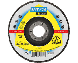 Slibetallerken SMT 624 Supra med Klingspor logo, 125 mm diameter og kornstørrelse K40, egnet til stål og rustfrit stål.