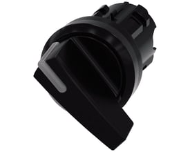 Siemens sort oplysbare omskifter med lang betjeningsknap og 22mm diameter på en hvid baggrund.