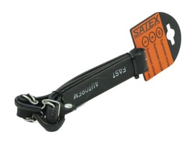 Sort 90 cm lang gummistrop med kroge og 'FAST' og 'AUTOPEM' tekst, på orange SATEX mærkat med information.