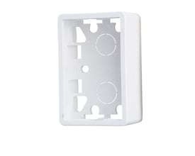 E-Line underlag til stikkontakt i hvid plast, mål 79x52x30 mm, med udstansninger til rør og kabler.