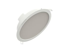 Hvid Ledvance DN 165 downlight IP44 med rund front og bred, mat lysflade, 13 W og farvekode 830.