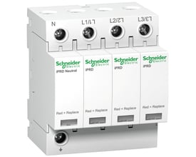 Schneider Electric A9 iPRD 65r overspændingsafleder med N, L1/L, L2/L, L3/L markeringer og 'Red = Replace' indikatorer.