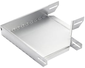 90° hjørne i el-forzinket stål til kabelbakker, bredde 200mm, højde 60mm, med monteringsflapper på hvid baggrund.