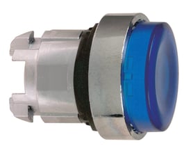 Venstreprofil af Schneider Electric ZB4BW163, blå lampe-trykhoved med synlige monteringsklips på en 22mm sølvfarvet base.