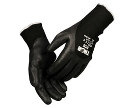Boisen Safety THOR ICE vinterhandske str. 11, sort, halvdyppet i nitril med hvid ribkant og trykte certificeringer på ærmet.