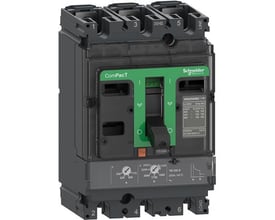 Schneider Electric ComPacT NSX100F maksimalafbryder, 3-polet, med grønt håndtag i 'OFF' position og tydelige mærker på fronten.