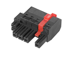 Weidmüller hybridstik til ledningsforbindelse med fire poler, PUSH IN-tilslutning og rød aktuator på sort stik.