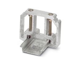 Nærbillede af Phoenix Contact endeholder E/AL-NS 35 i aluminium, vist med to skruer og klemfunktion til DIN-skinne.