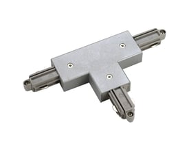 SLV T-samlestykke 1F til påbygningsskinne i grå polycarbonat med jordleder til højre. Samlestykket har tre udgange og er monteret med skruer.