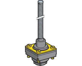 Illustration af Schneider Electric ZCK-D08 endestopshoved med et firkantet, gult topstykke og monteringsskruer, samt en grå drejekrave.