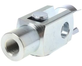 SMC gaffelled i rustfrit stål til CP95/96 cylindre med M20x1,5 gevind, vist med gevinddetalje og leddelte klemmer.