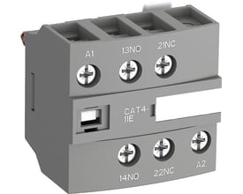 ABB hjælpekontakt CAT4-11E med 1 slutte og 1 bryde pol, frontmonteret grå plast.