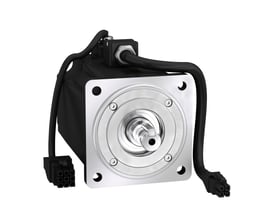 Schneider Electric servomotor, 80mm, 750W, med notaksel, korte kabler og stik, klar til tilslutning i maskininstallation.