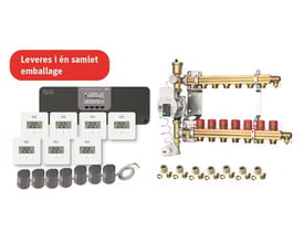 Roth Grab and Go gulvvarmepakke med shunt, kontrolenhed, syv rumtermostater, syv termomotorer og diverse koblinger til 20mm rør.