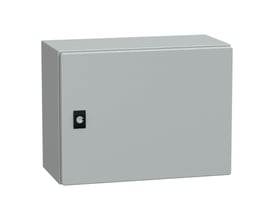 Lukket Schneider Electric CRN metal vægskab i RAL7035, 300x400x200 mm, med lås på fronten, IP66-klassificeret.